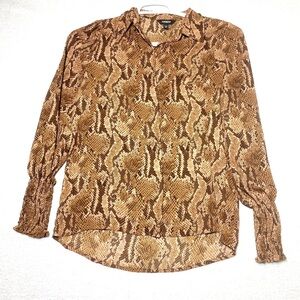 Express Blouse Womens XS Brown Snakeskin Print Smocked Cuff Button Down Career
